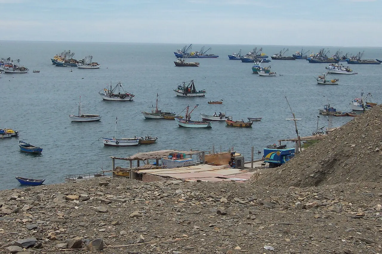 Decenas de barcos de pesca fondeados frente a la caleta de Bayóvar, con el desierto en primer plano